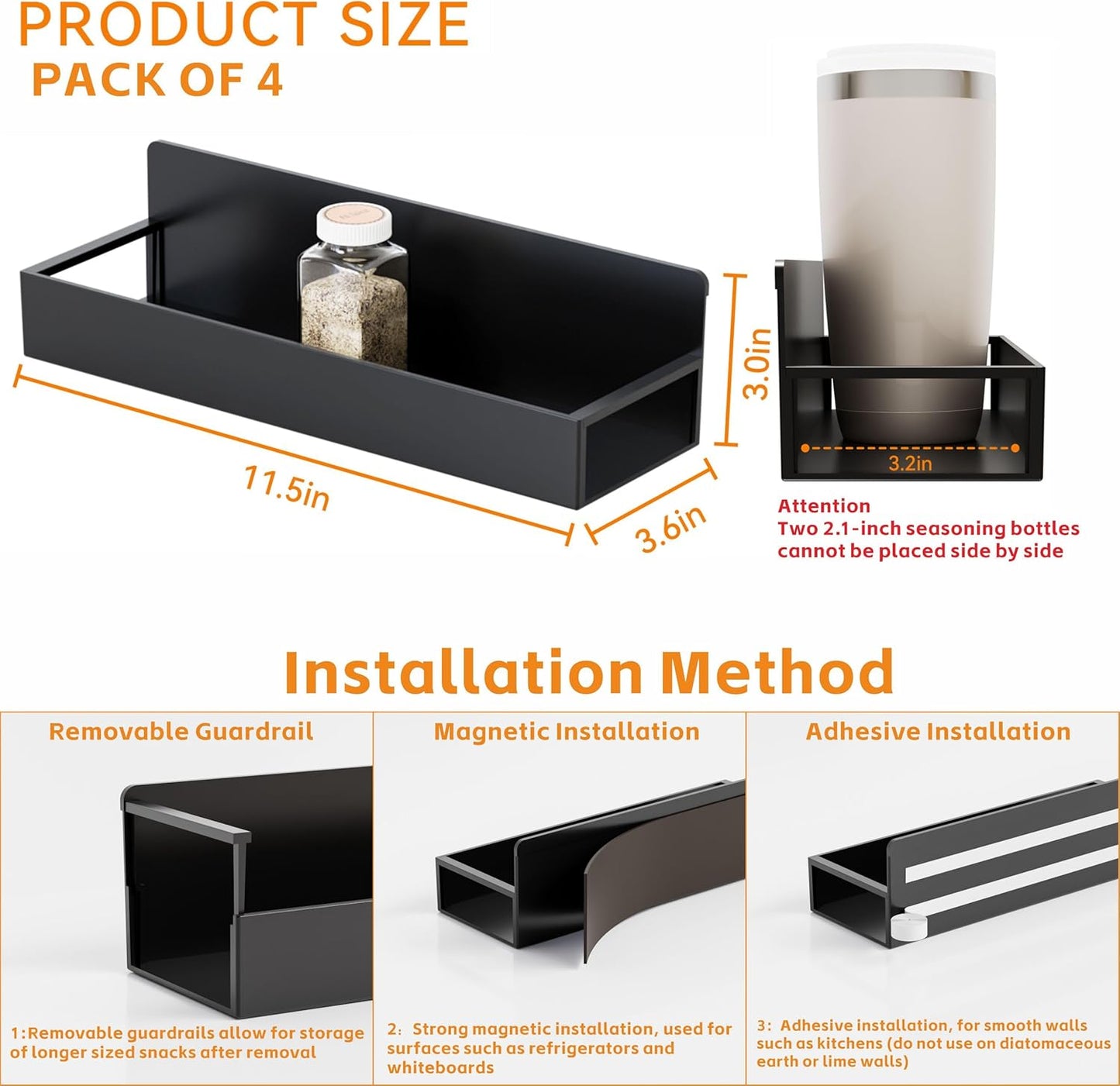 Paquete de 4 soportes de pared negros para especias con adhesivo