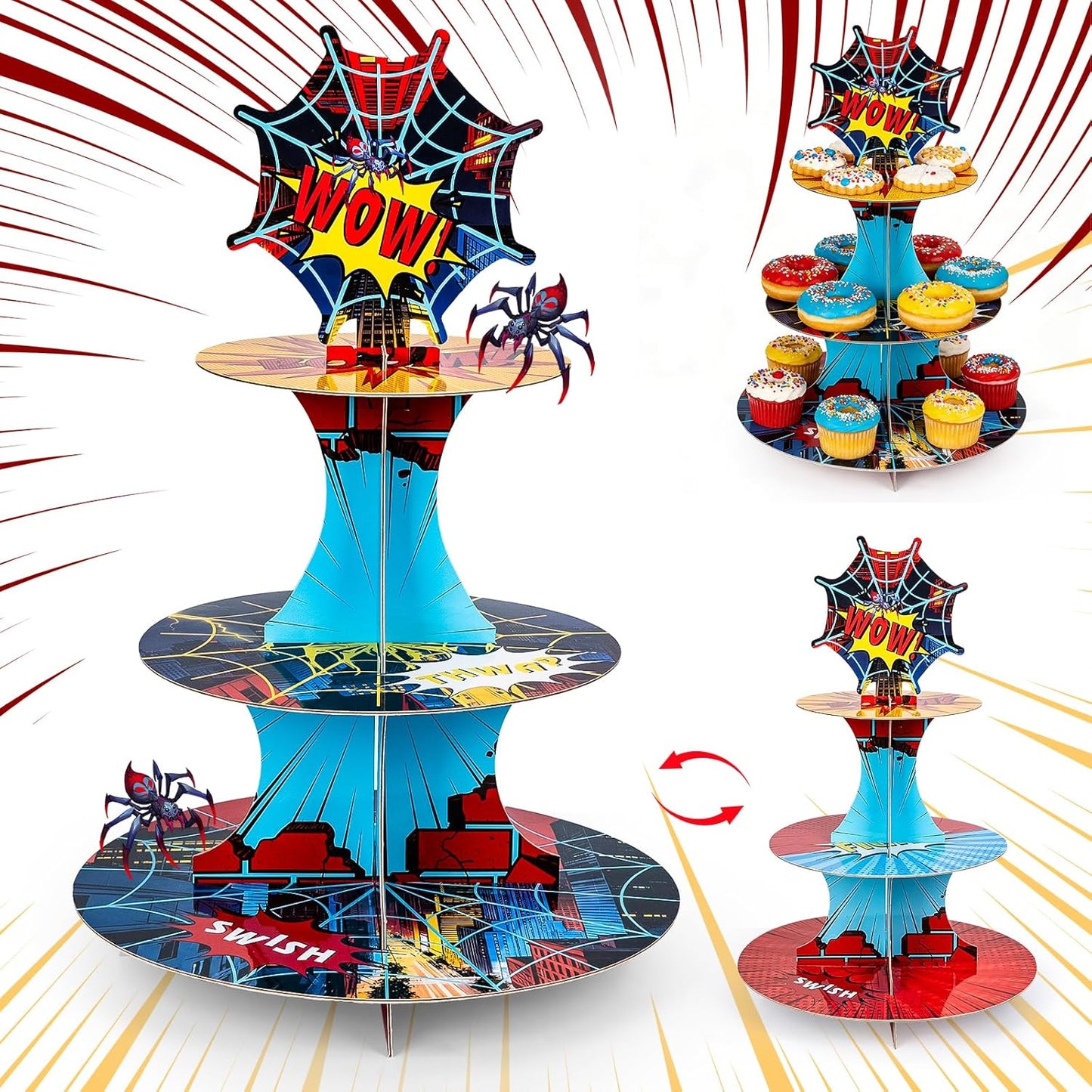 Soporte cupcakes temática anime 3 niveles rojo azul