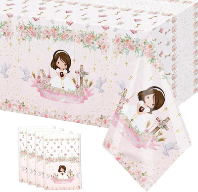 Manteles plásticos rosa Mi Primera Comunión 108 x 54 pulgadas diseño floral