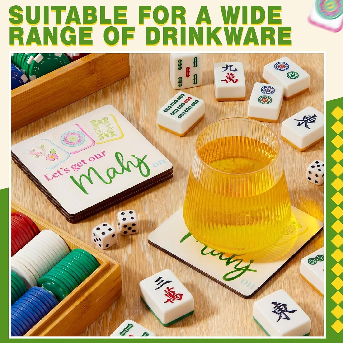 Paquete 4 posavasos Mahjong coloridos de madera