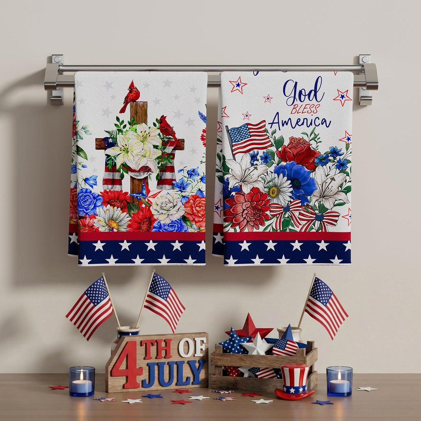 Paños de cocina patrióticos XCHI Flowers Cross Cardinals America Stars 18x26