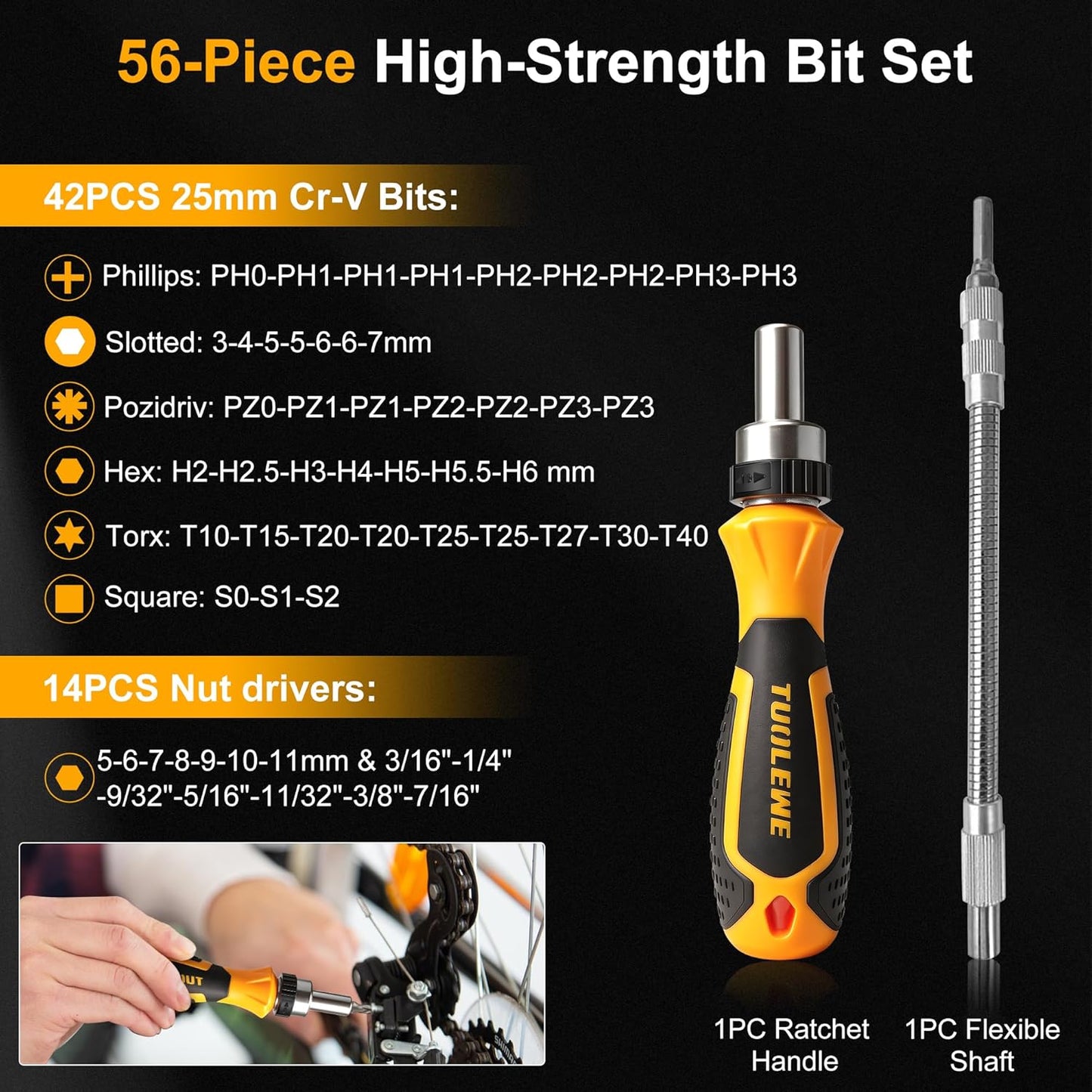 Set 58 destornilladores llave trinquete eje flex magnético