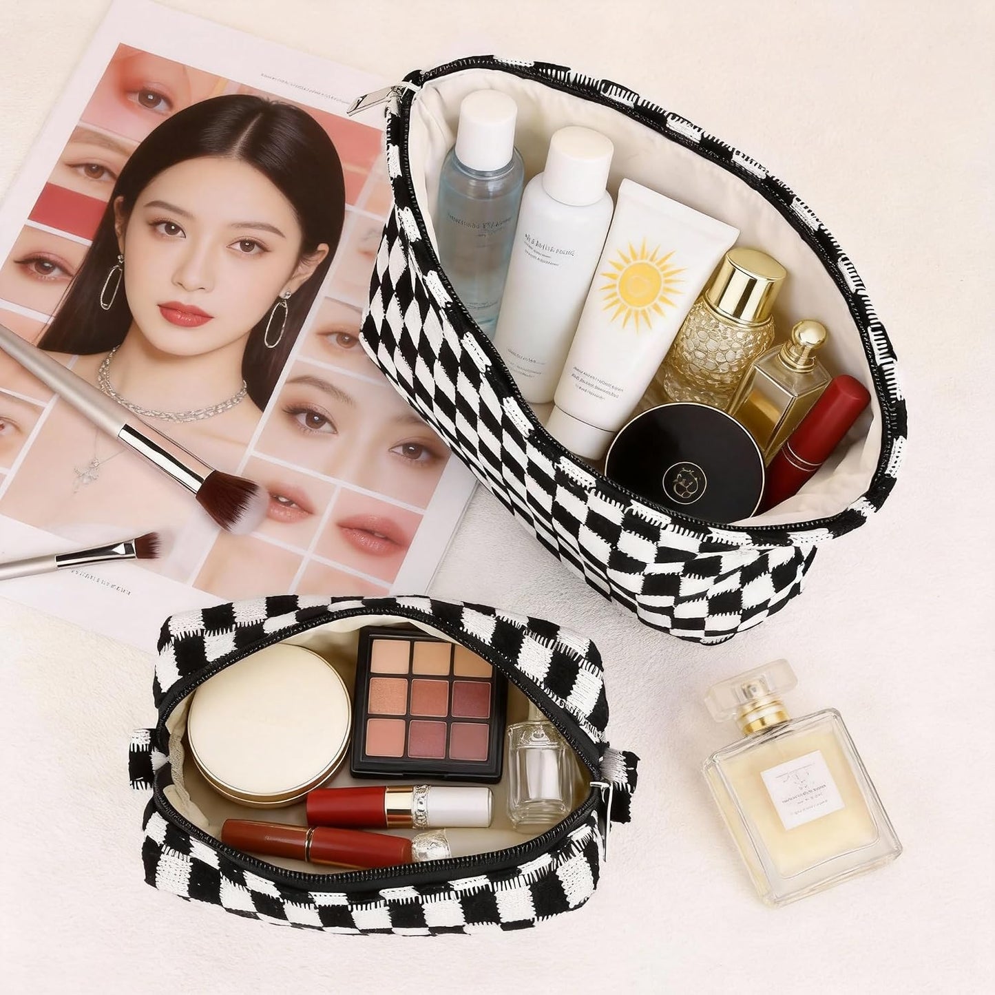 Set 3 bolsas maquillaje mujer cuadros con cremallera