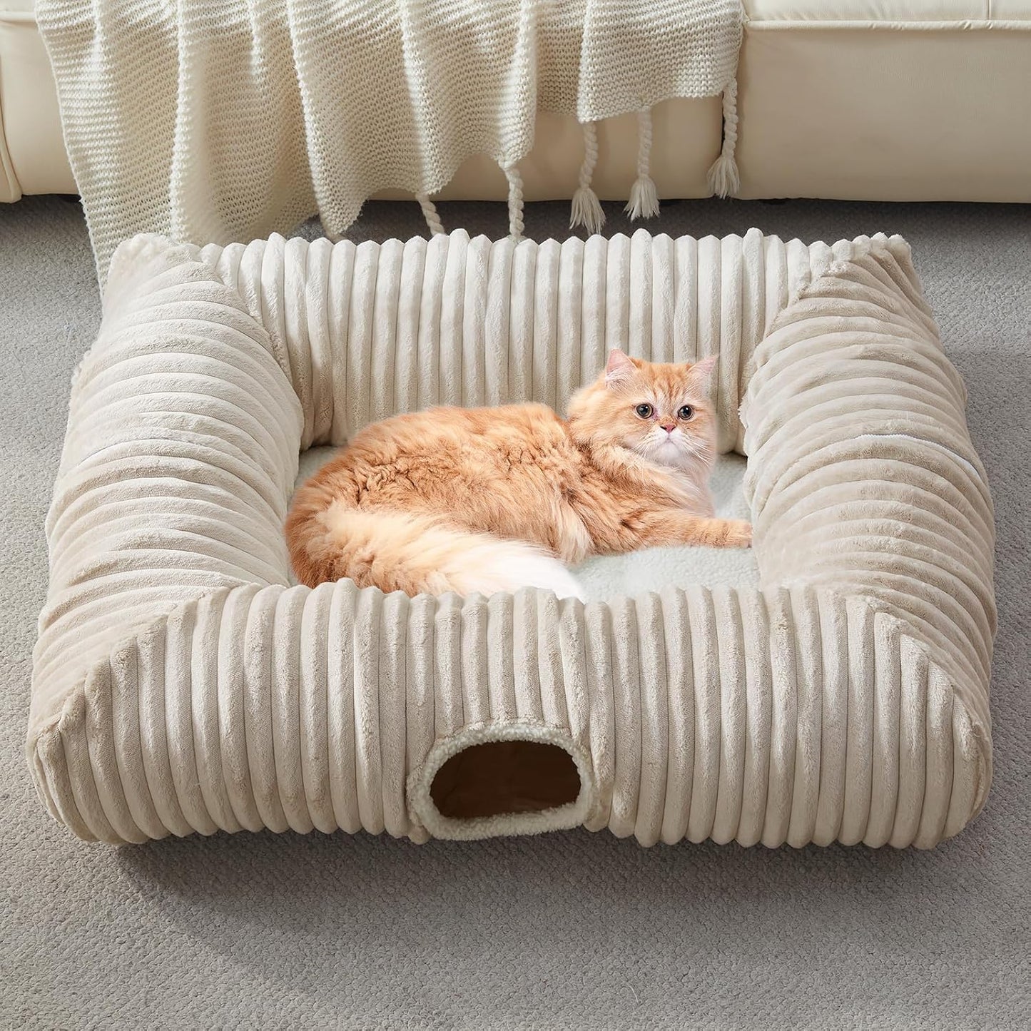 Cama túnel para gatos 4 vías con alfombrilla cálida y juguetes