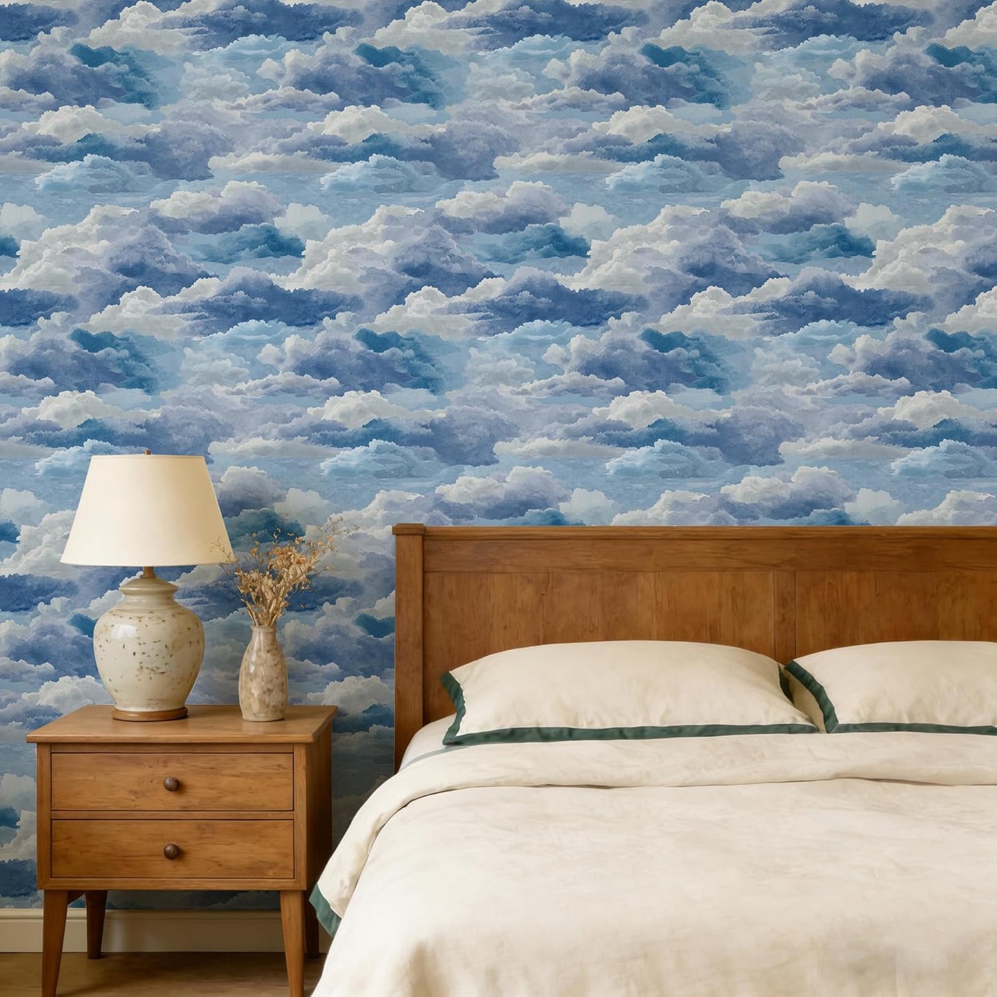 Papel tapiz acuarela Cloudscape autoadhesivo azul y blanco 17.7x118