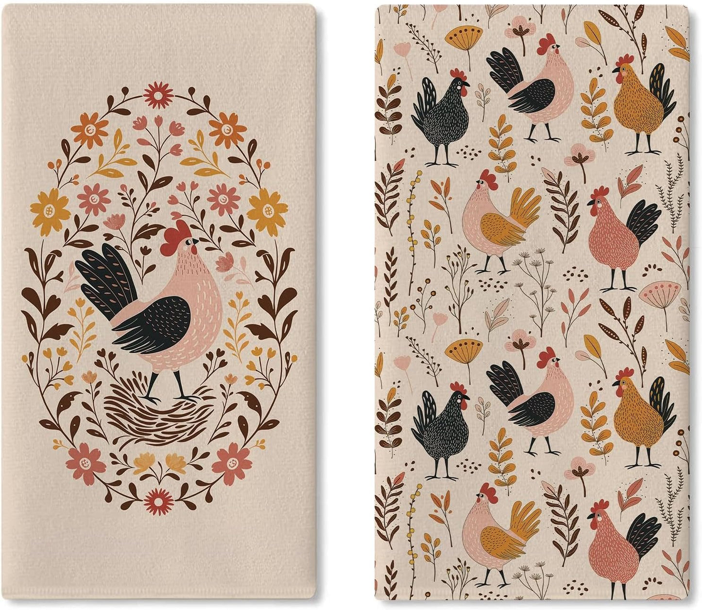 Juego de 2 paños de cocina vintage con diseño floral de pollo y hojas