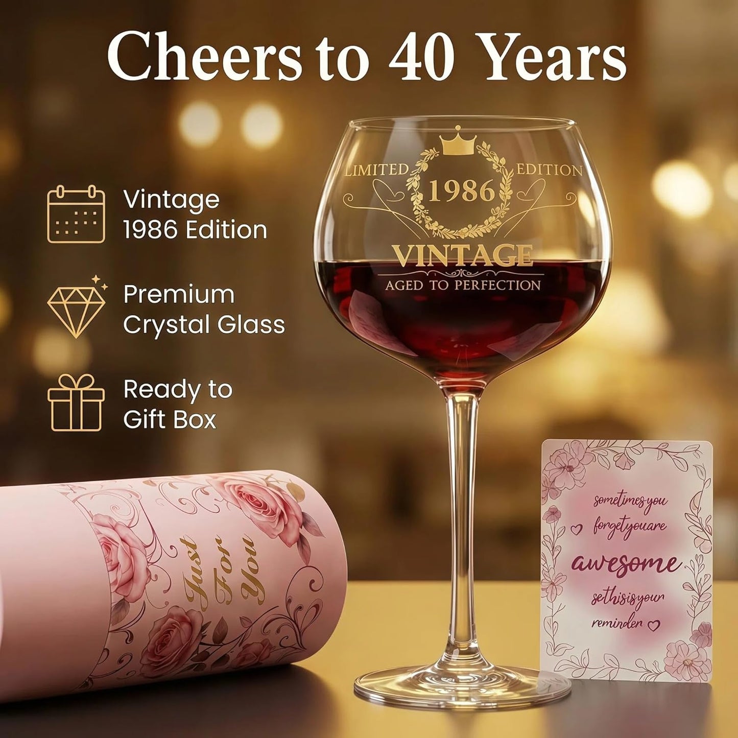 Copa de vino grabada vintage 1986 regalo de cumpleaños 40 para mujer