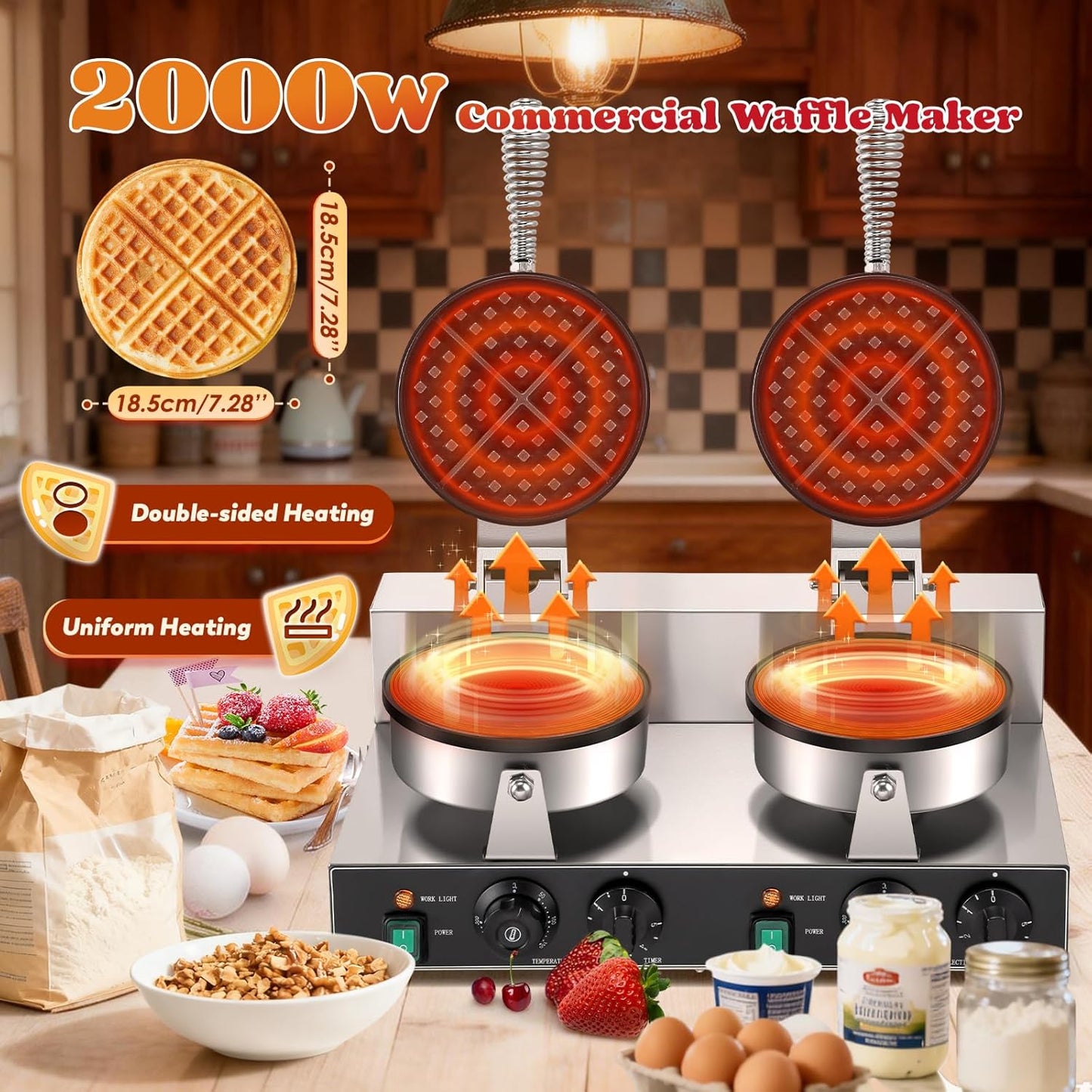 Máquina gofres comercial 2000W doble cabezal acero inox