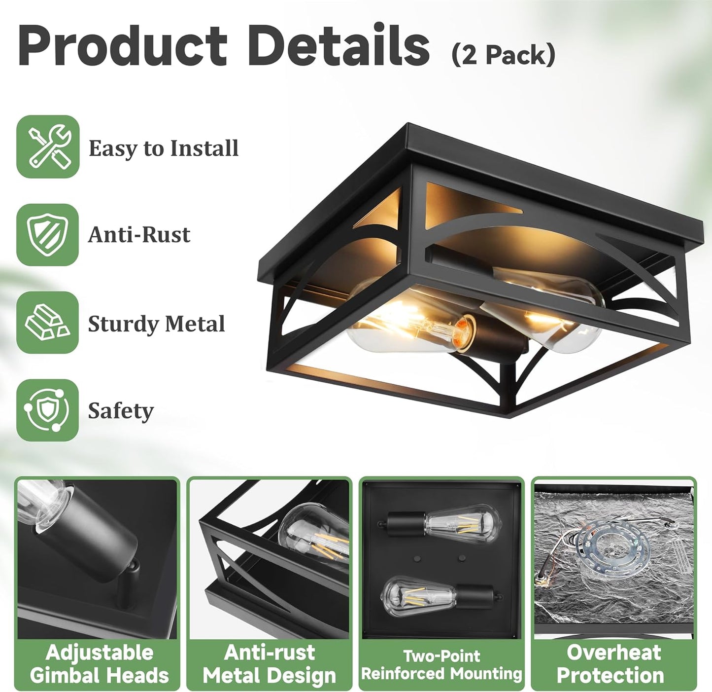 Lámpara techo cuadrada negra 10pulg industrial inox para exteriores