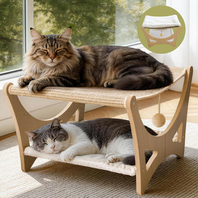 Cama hamaca gato doble capa madera sisal cojin suave
