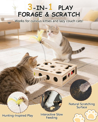 Caja interactiva para gatos con rompecabezas y juguetes