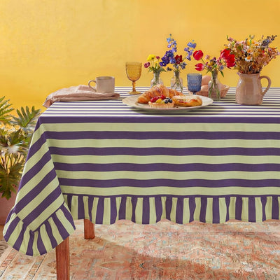 Mantel rayas volantes 84x60pulg lino mesa rectangular
