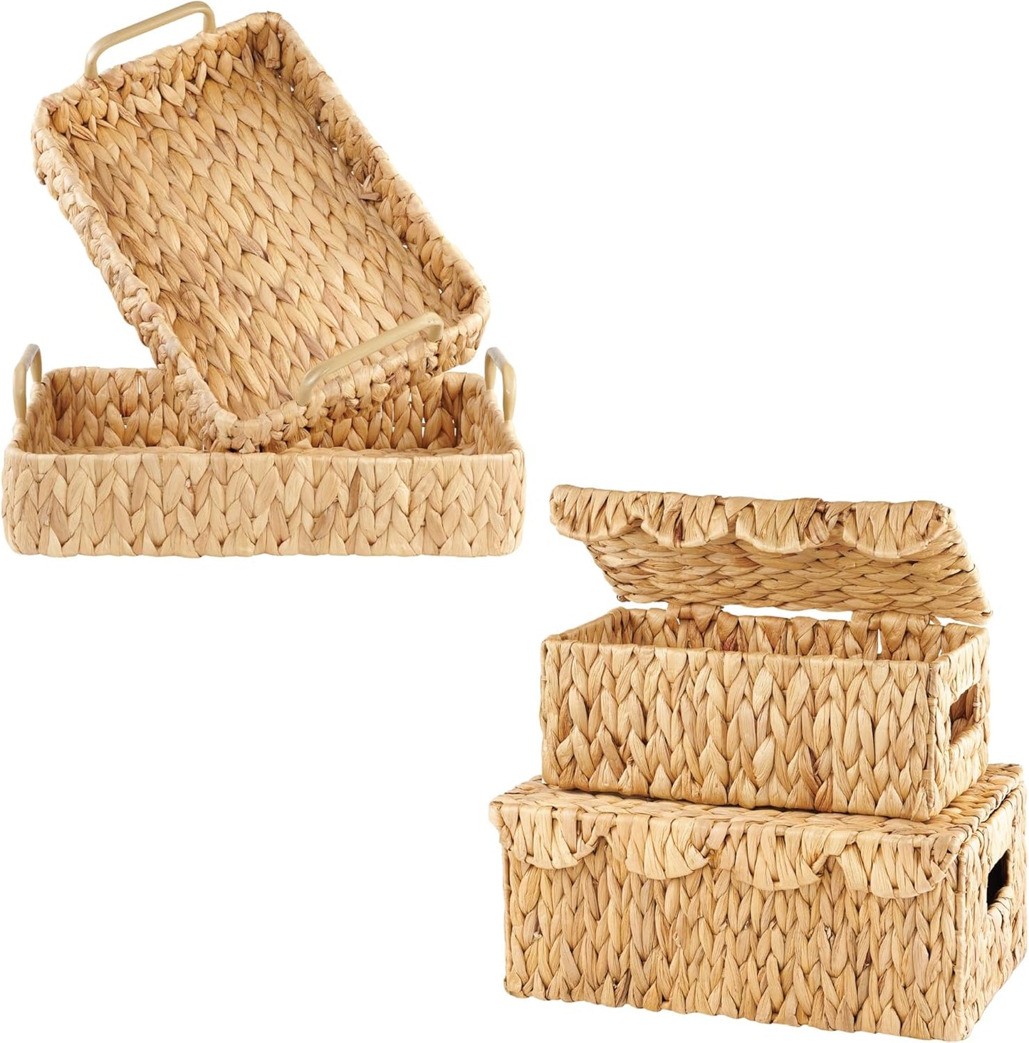 Set 2 Canastas Relleno Wicker con Tapas y Bandejas Rectangulares