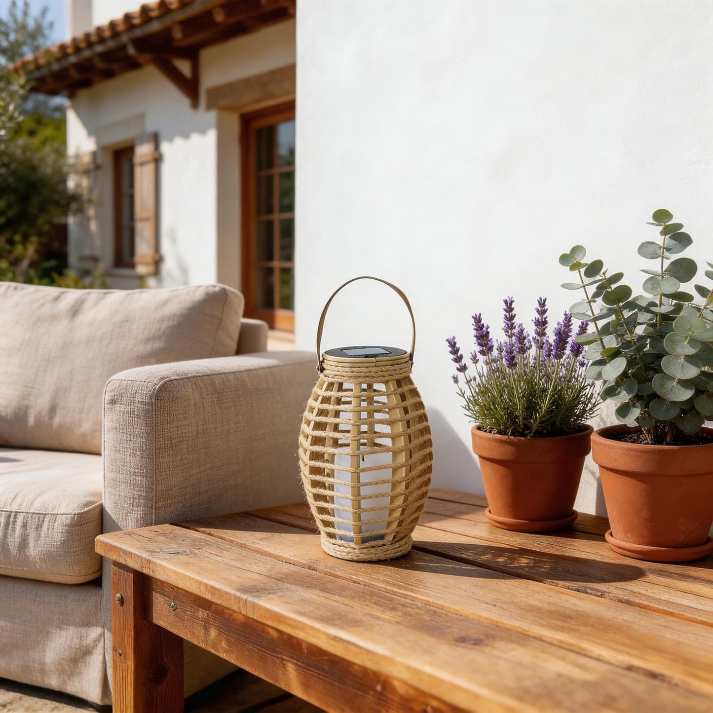 Farol solar impermeable forma oliva con asa decoración jardín