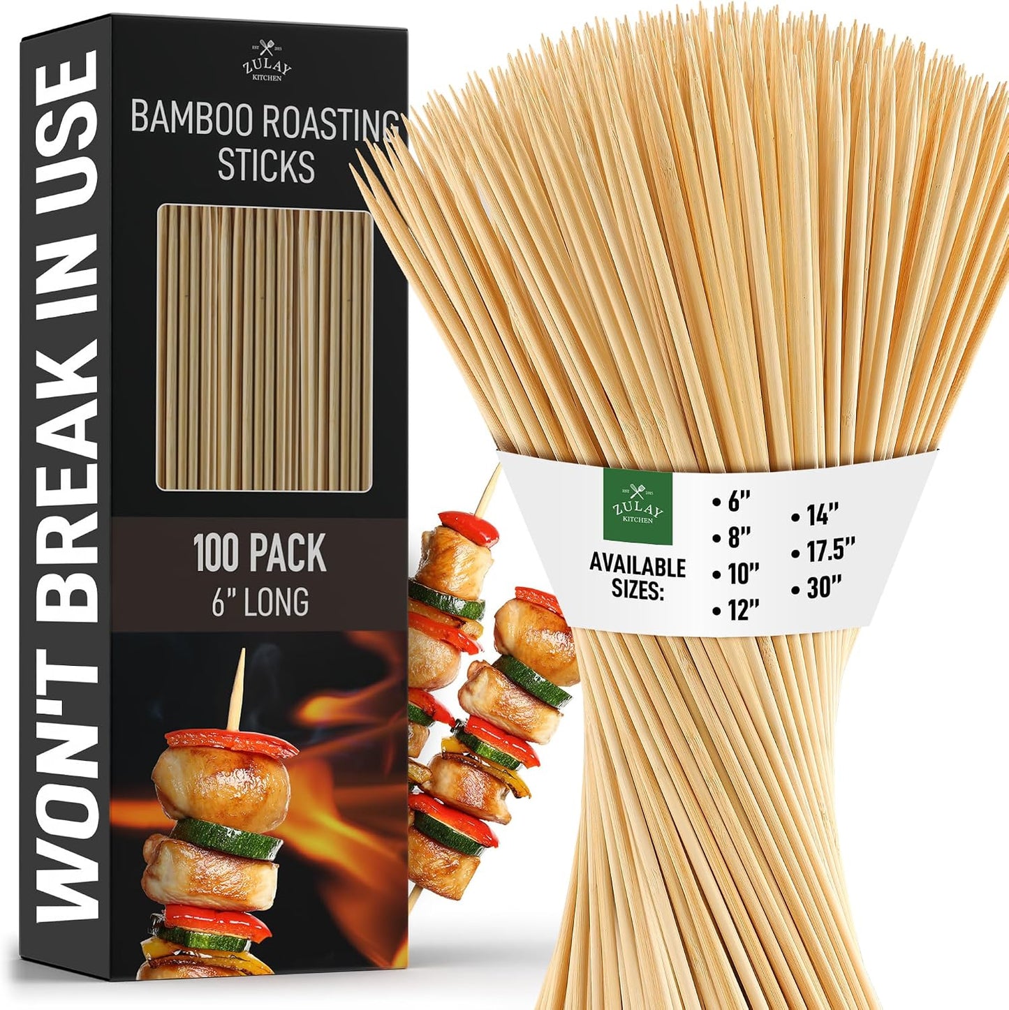 100 Brochetas Bambú 6pulg 4mm para Asar BBQ Frutas