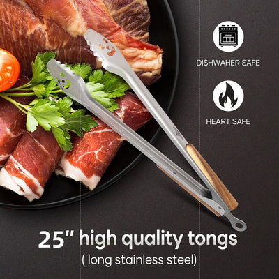 Pinzas acero inox 25pulg mango acacia cocina parrilla