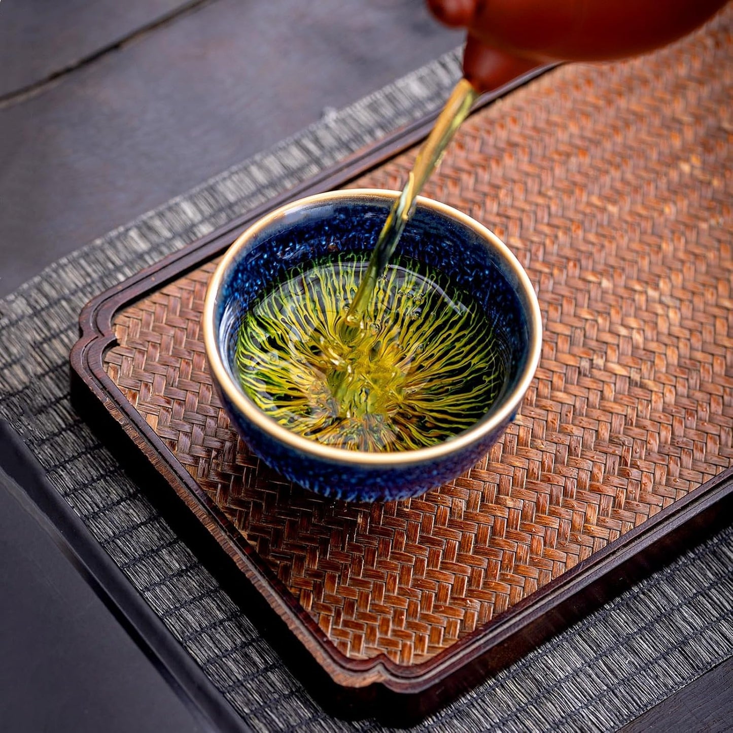 Juego de tazas de cerámica china azul Tenmoku para té y decoración