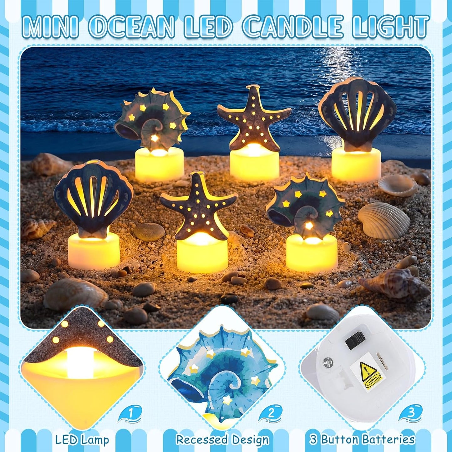 6 Velas Té Azul Estrella Mar Concha LED Mesa Centros Verano