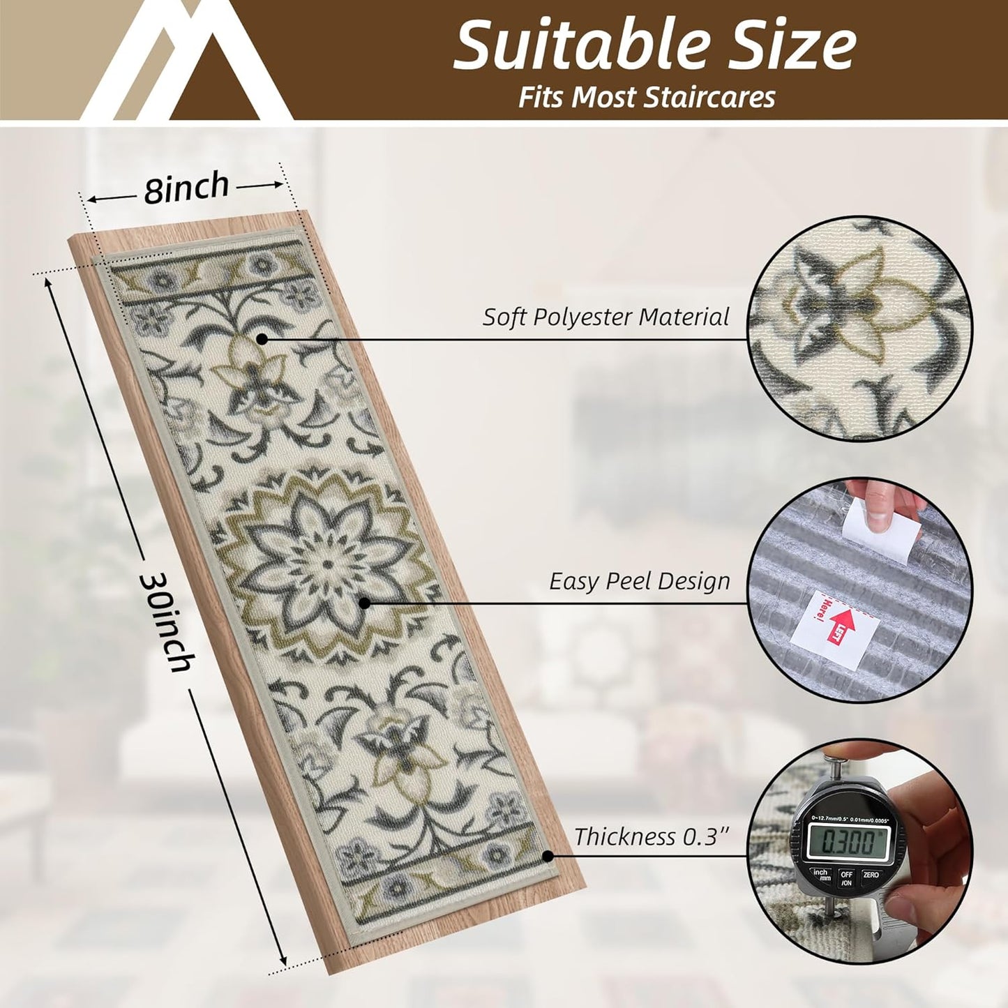 Peldaños alfombra antideslizante 8x30pulg interior 4 Uds