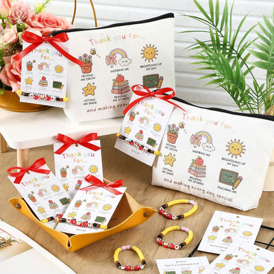 Set 8 regalos profesores con tarjetas maquillaje y pulsera manzana