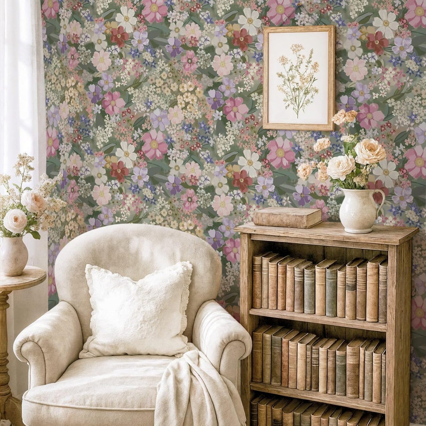 Papel tapiz floral vintage 17.3x6.56pulg rosa/verde