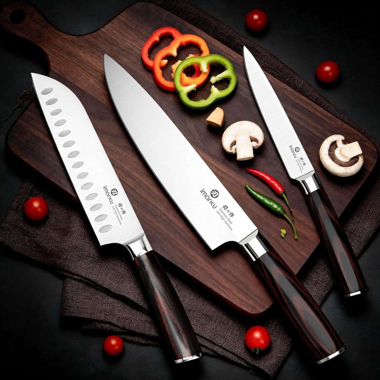 Set 3 Cuchillos Chef Acero Inox Alto Carbono Mango Pakkawood