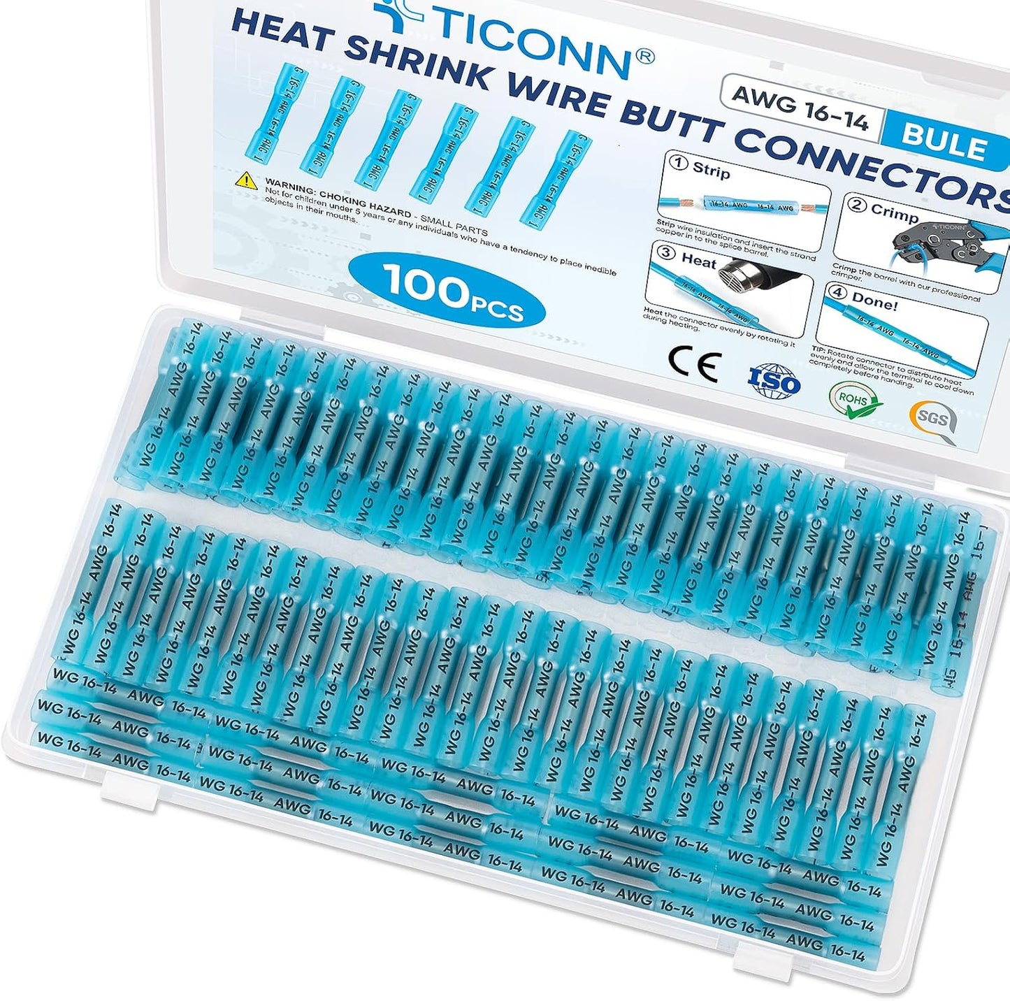 Kit 100 conectores termorretráctiles AWG 16-14 azul