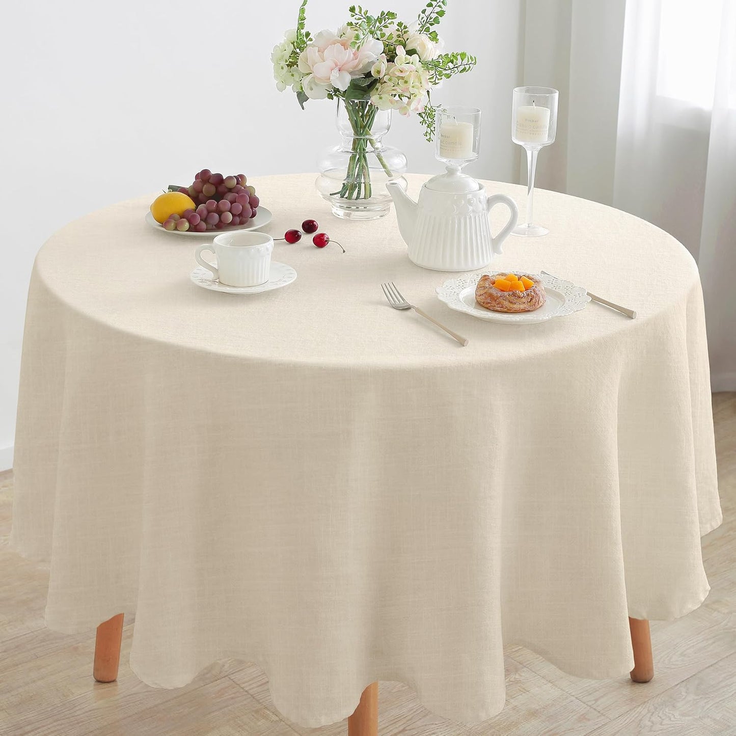 Mantel redondo lino 90pulg beige arena lavable comedor