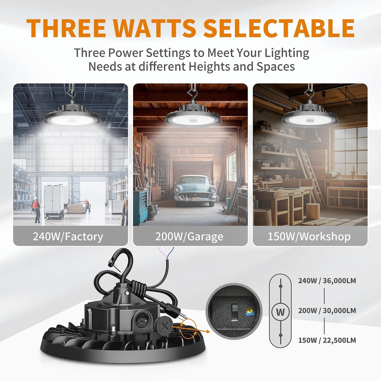 Luz LED alta bahía 240W 5000K 0-10V dimmable 5pies cable US