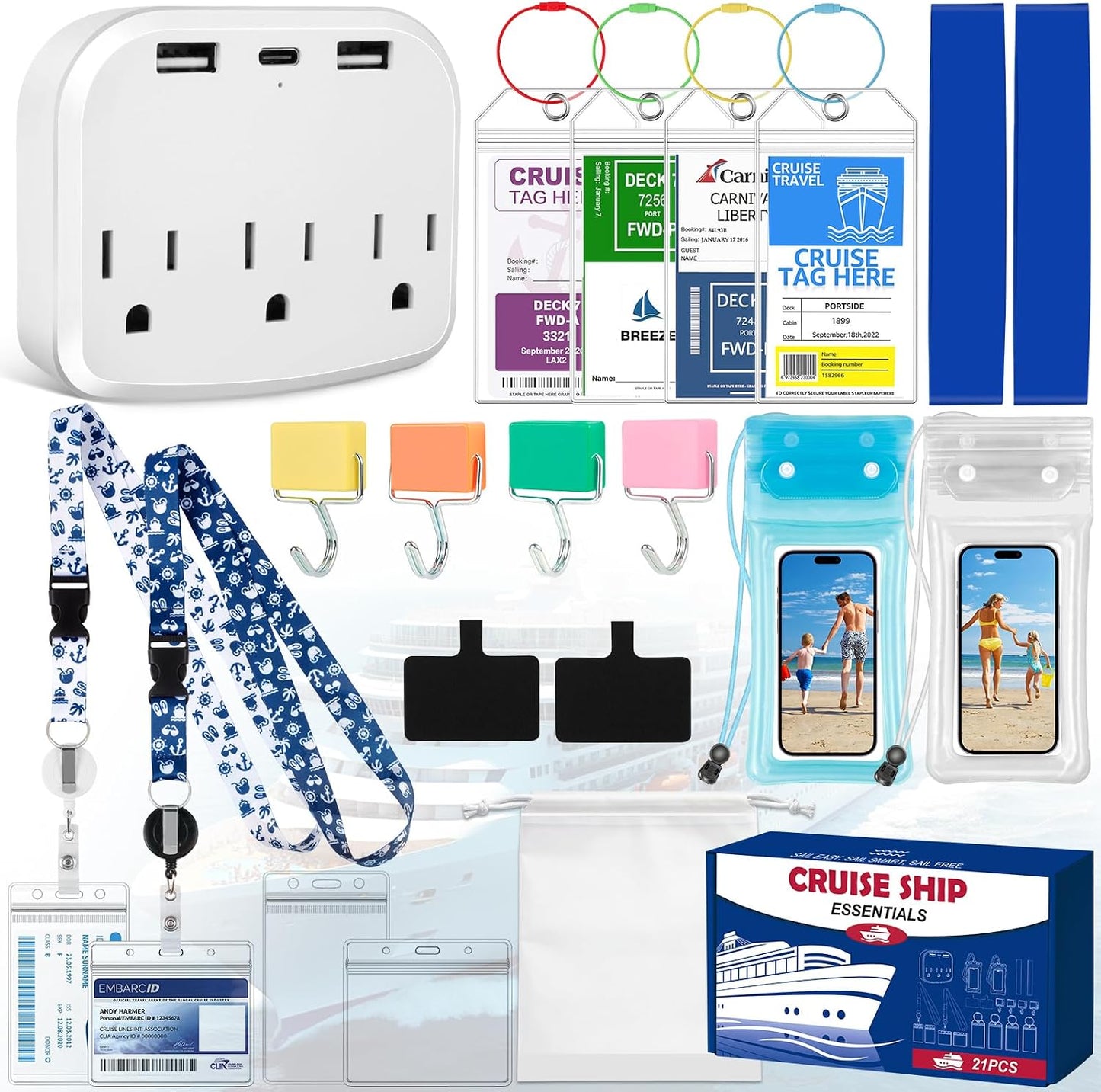 Kit crucero 2026 con bolsas impermeables y regleta