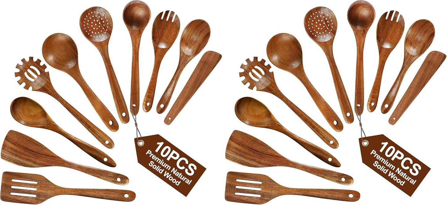 Set 10 Utensilios Madera Antiadherente Agarre Suave
