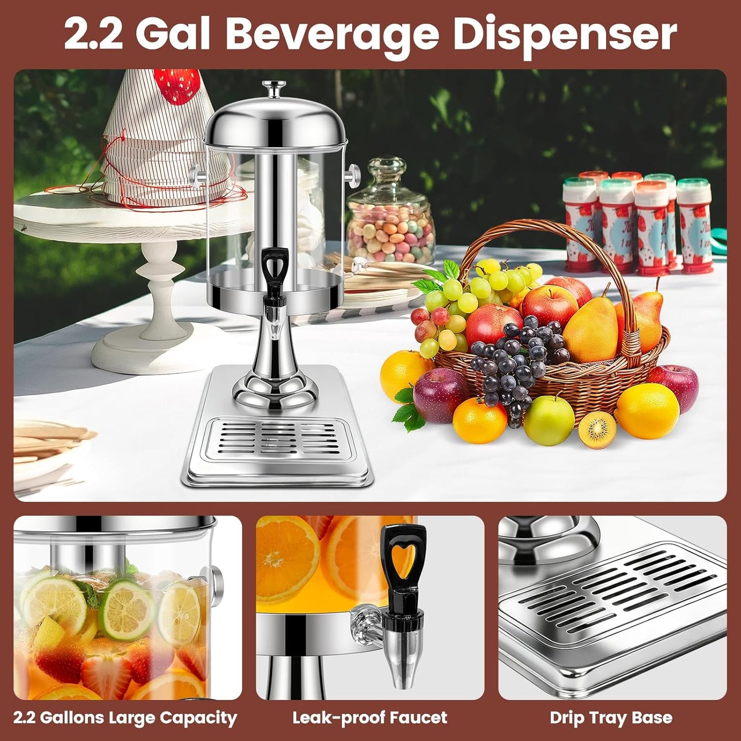 Dispensador bebidas 2.2gal acero inox con soporte