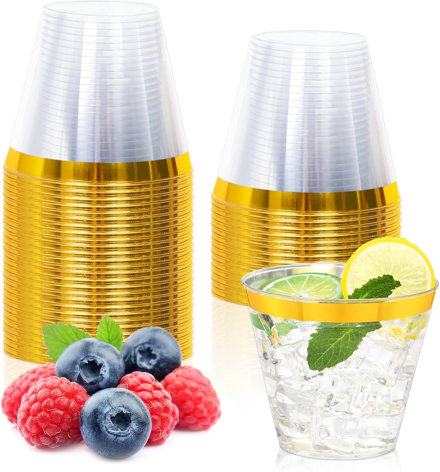 Vasos de plástico dorados con borde dorado 9 oz
