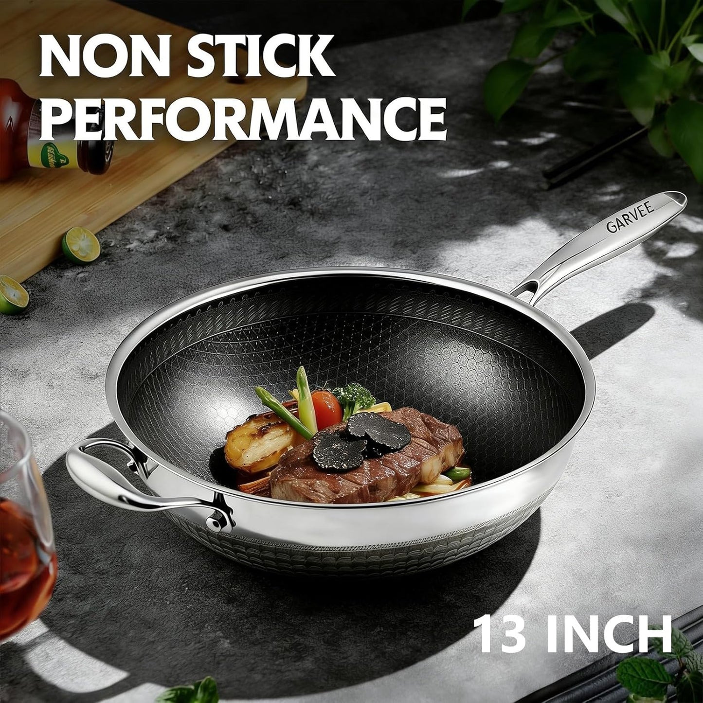 Sartén Wok acero inox 13pulg antiadherente con tapa