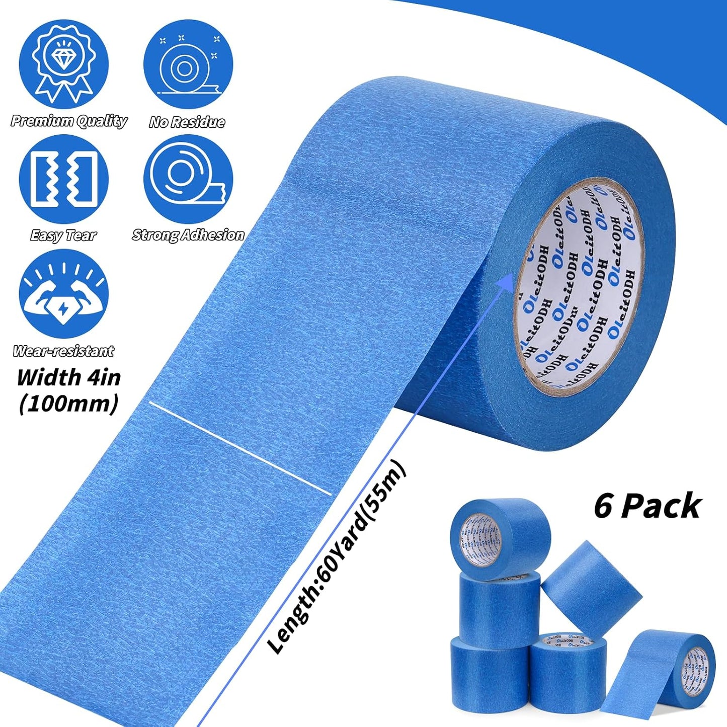 6 Rollos Cinta Azul Pintores 4pulg x 60yd Sin Residuos