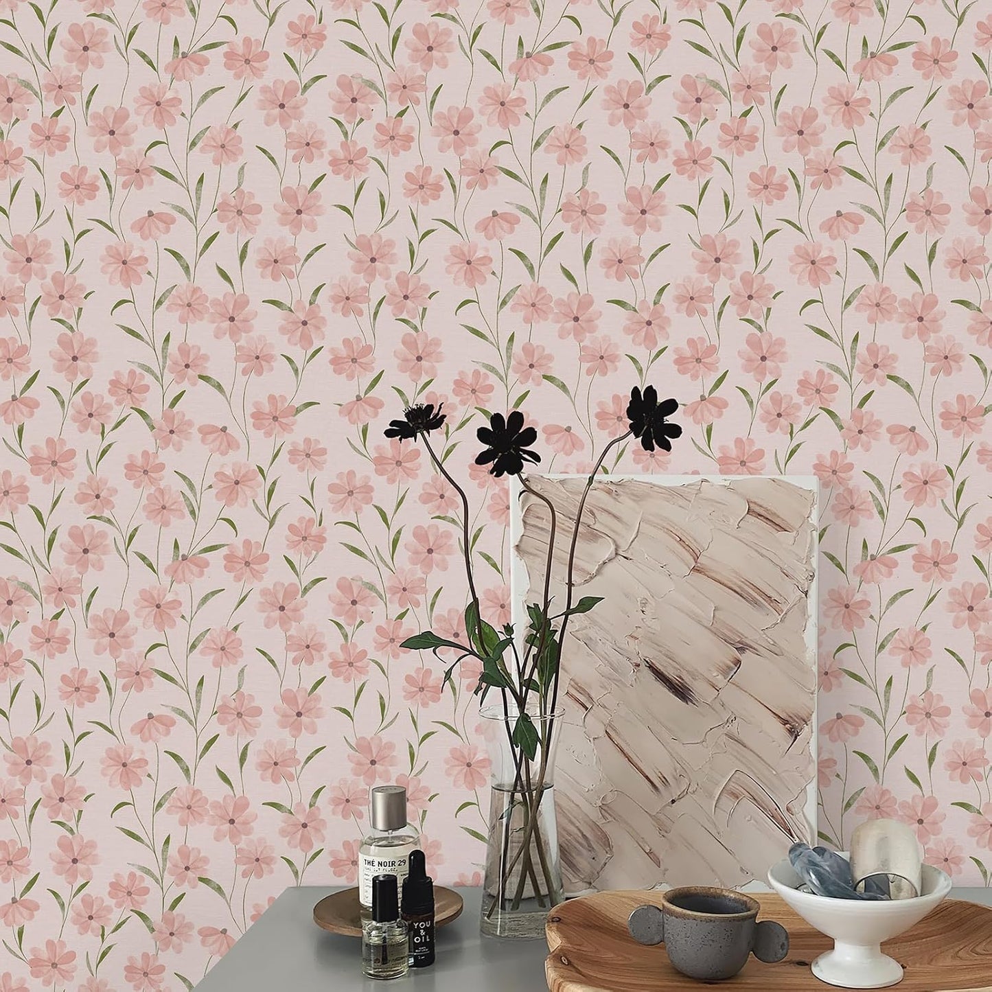 Papel tapiz floral rosa autoadhesivo 17.3x80pulg vintage botánico