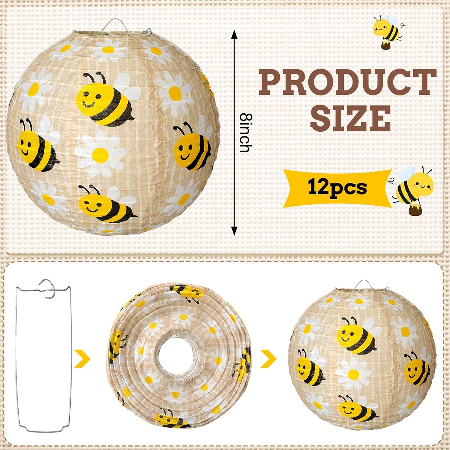 12 Linternas Papel Abeja 8pulg Redondas Decoración Fiesta