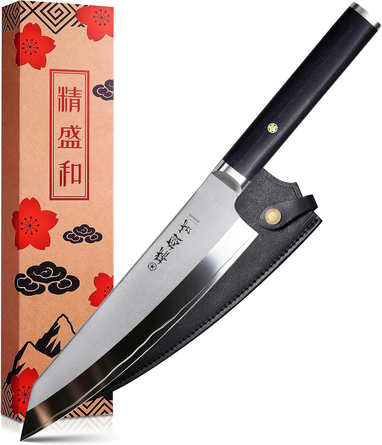 Cuchillo de chef japonés de 8 pulgadas con núcleo de acero VG-10 y funda de cuero