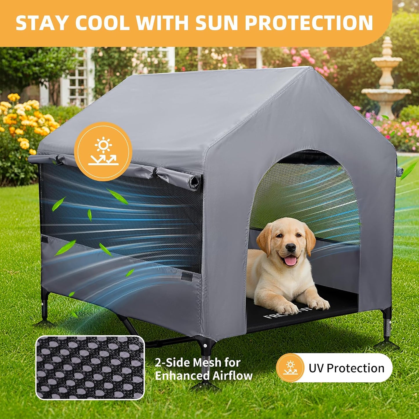 Casa perro 42pulg 2en1 con ventanas malla transpirable cama elevada
