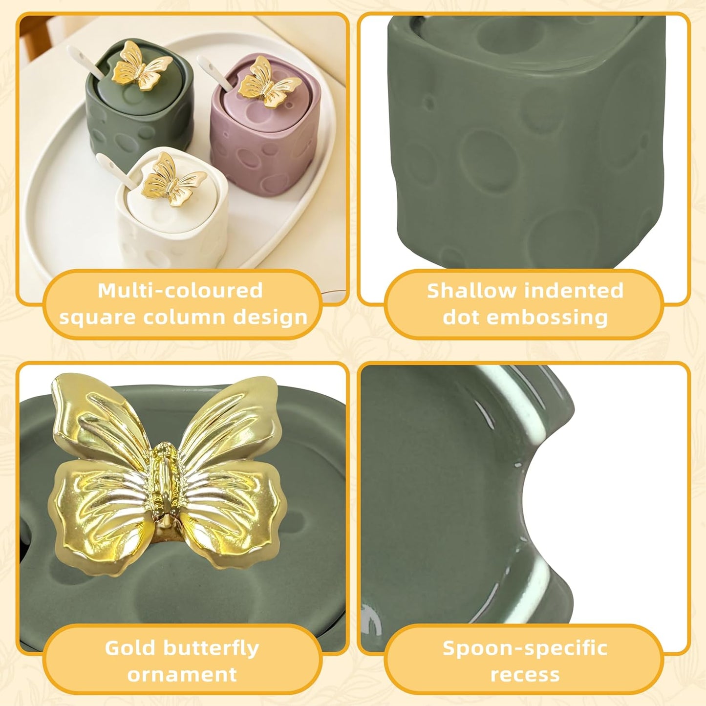 Recipiente de cerámica para azúcar con tapa y cuchara decorado en mariposa dorada 3D