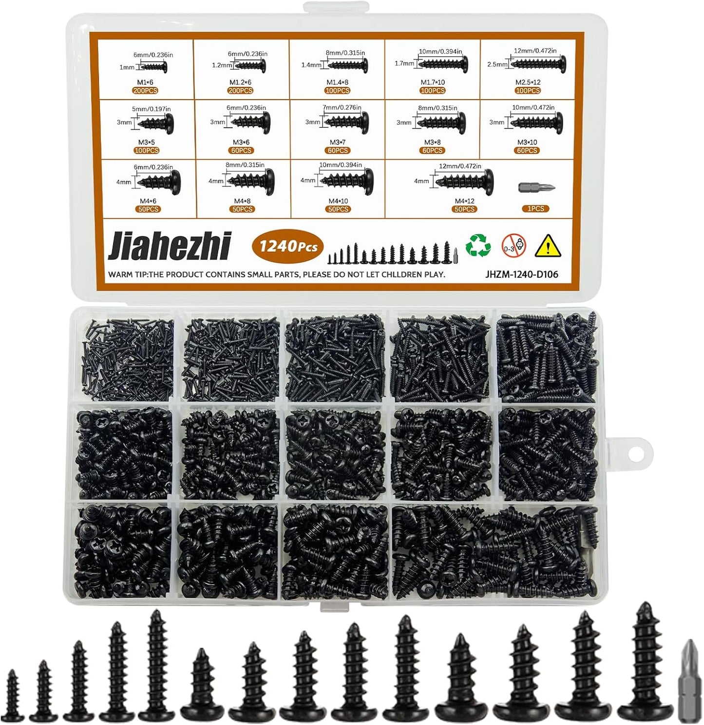 Kit surtido tornillos madera acero negro M1-M4 14 tamaños