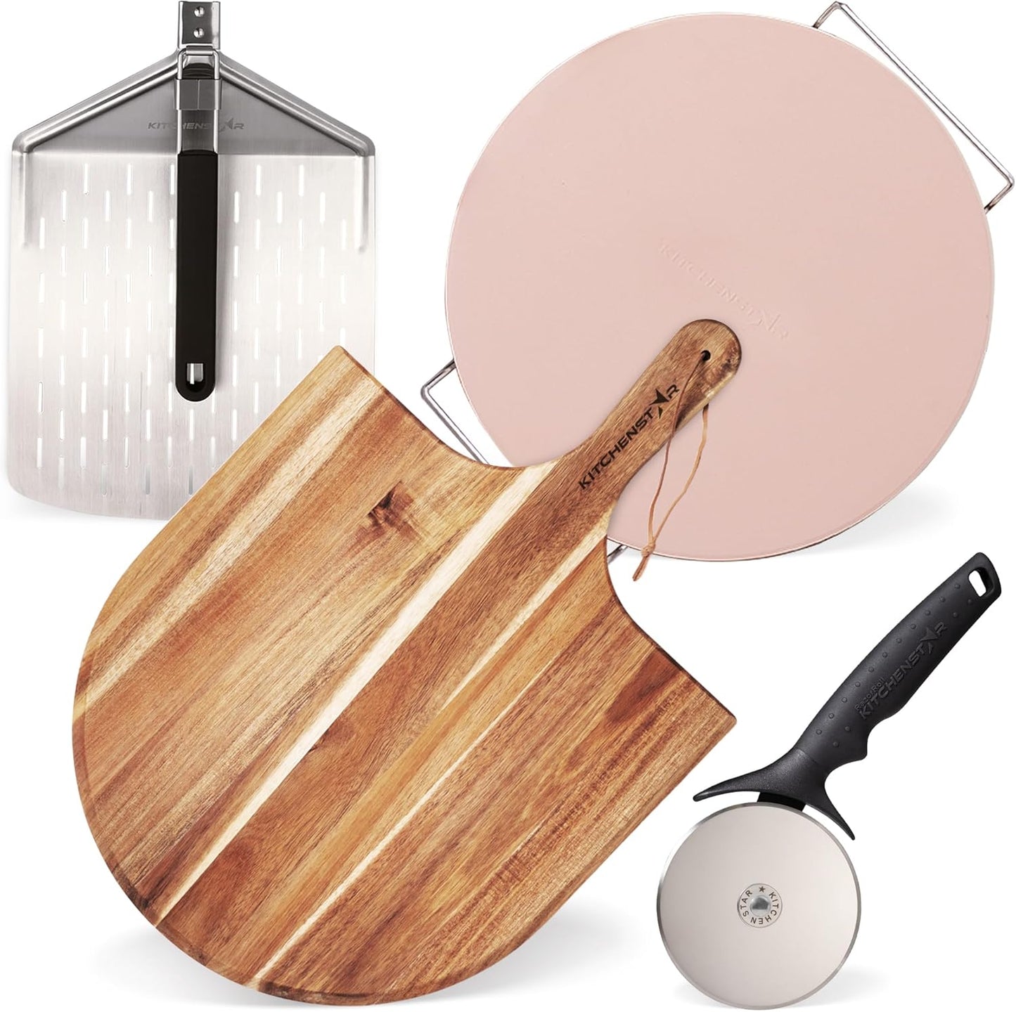 Set cortador pizza madera acacia con pala y piedra 16pulg