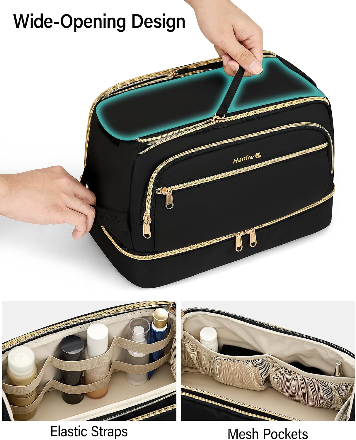 Bolsa de viaje doble capa para maquillaje y aseo resistente al agua