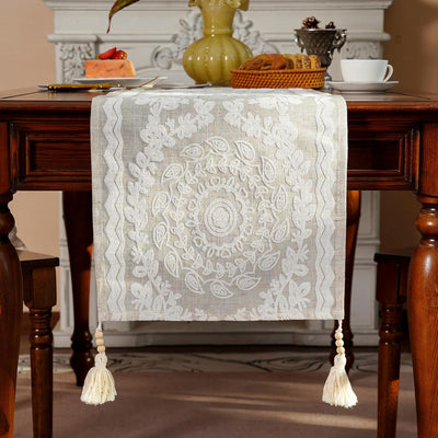 Camino de mesa ARTABLE con diseños flores bohemio cuentas de madera lino 14x48