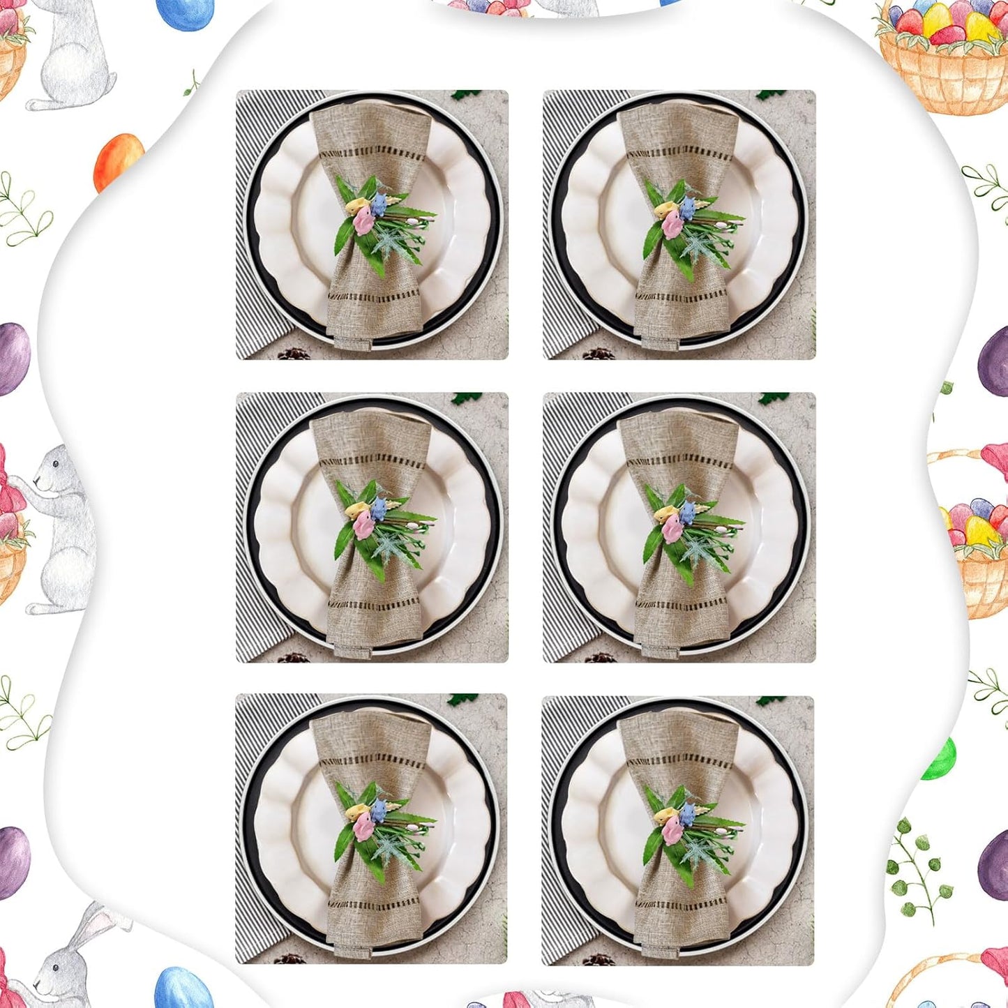 Servilleteros de Pascua con nido de pájaros y conejos de primavera