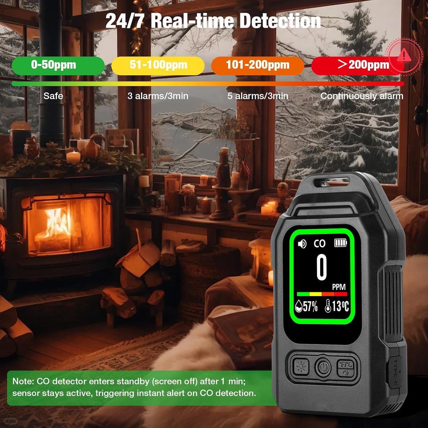 Detector CO portátil 3en1 con alarma temp y humedad