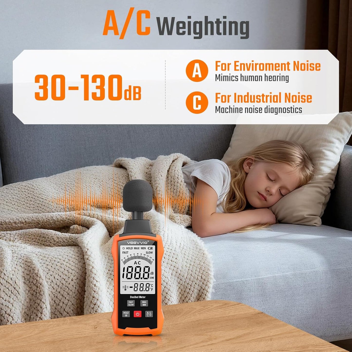 Medidor decibeles SPL portátil 30-130dB pantalla LCD