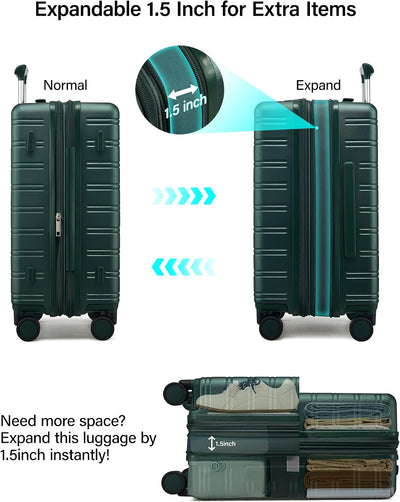 Maleta rígida expandible con ruedas 360° y cerradura TSA verde
