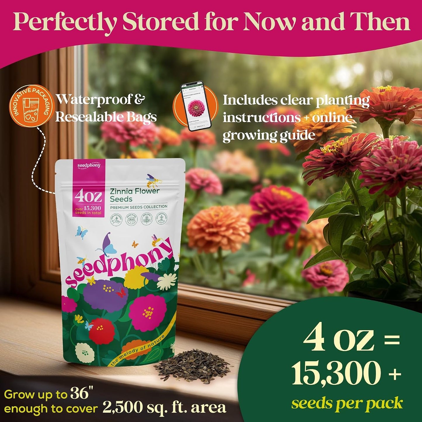 Paquete 4oz semillas zinnia sin OMG para jardín