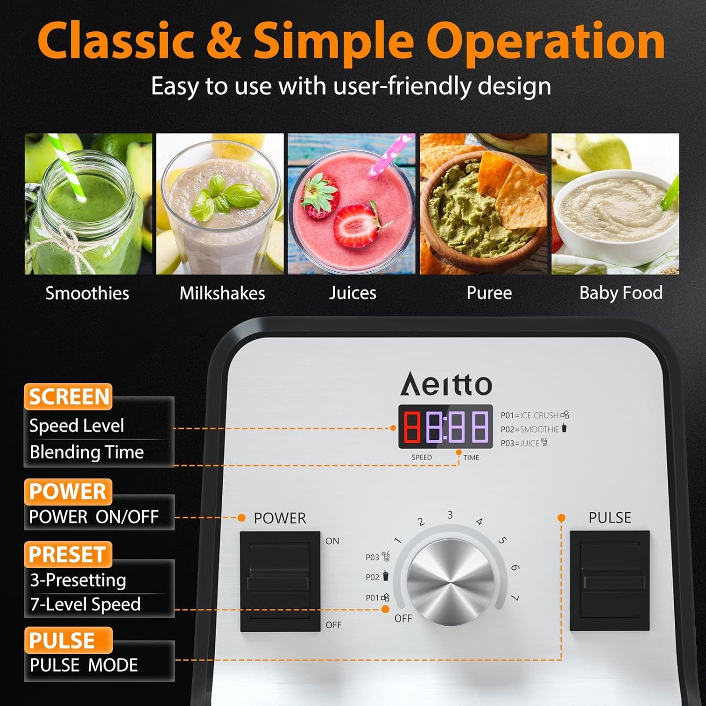 Licuadora de encimera 1500 vatios gran capacidad 68 oz color plateado